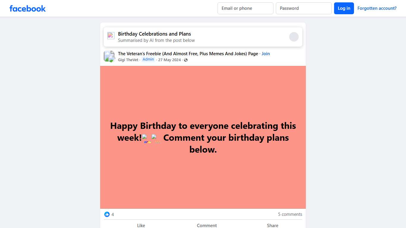 The Veteran’s Freebie (And Almost Free, Plus Memes And Jokes) Page Happy Birthday to everyone celebrating this week Facebook